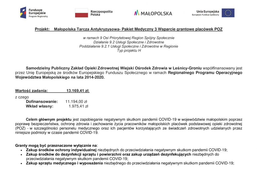 „MAŁOPOLSKA TARCZA ANTYKRYZYSOWA. PAKIET MEDYCZNY 3  – WSPARCIE GRANTOWE PLACÓWEK POZ&quot;