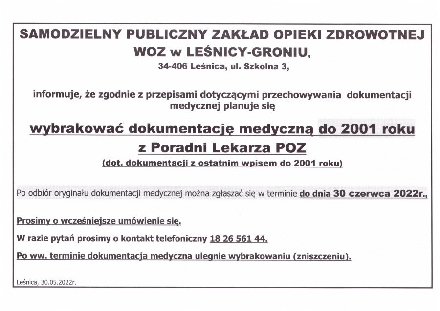 Ogłoszenie o brakowaniu (zniszczeniu) dokumentacji medycznej